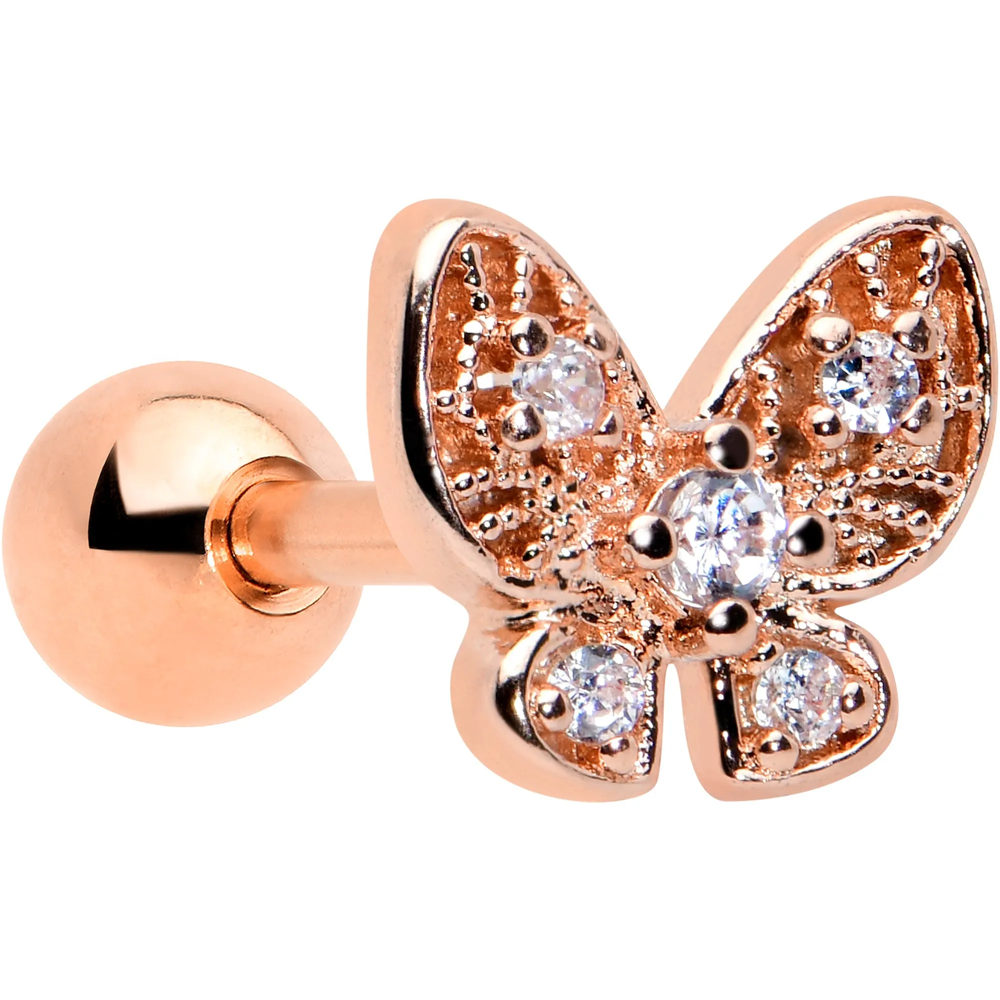 16 Gauge 1/4 Clear Gem Rose Gold Tone Airy Butterfly Cartilage Tragus