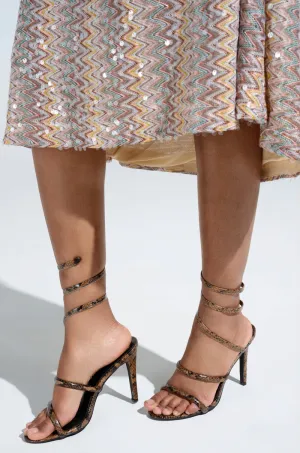 AKIRA LOWRI BROWN SNAKE SPIRAL STILETTO SANDAL