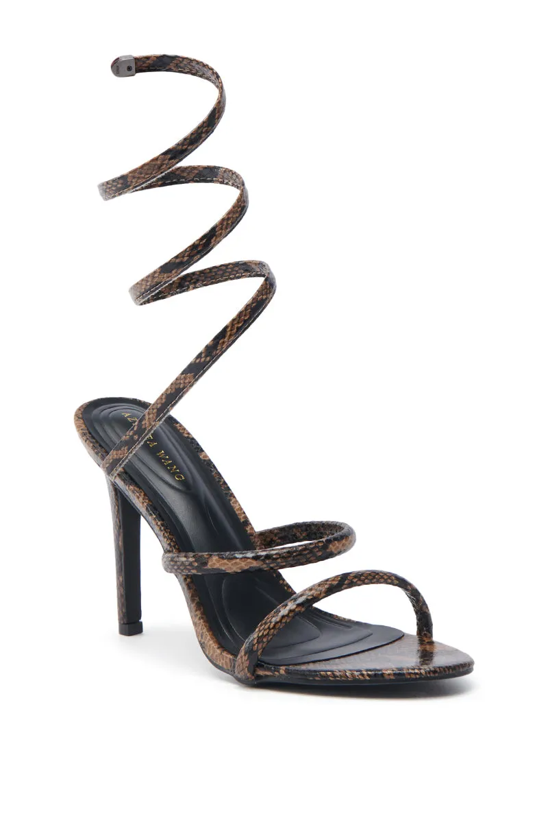 AKIRA LOWRI BROWN SNAKE SPIRAL STILETTO SANDAL