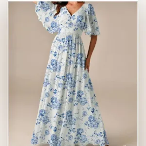 AW bridal Kenney Bridesmaid Formal Wedding Guest Dress blue floral long chiffon