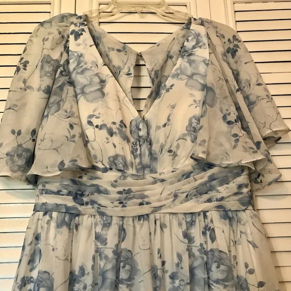AW bridal Kenney Bridesmaid Formal Wedding Guest Dress blue floral long chiffon