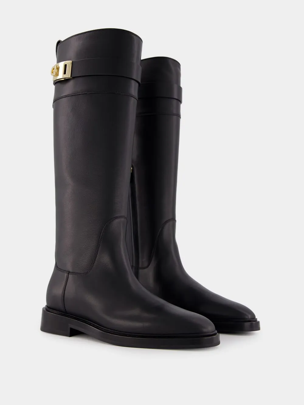 Black Calf-Length Leather Boots