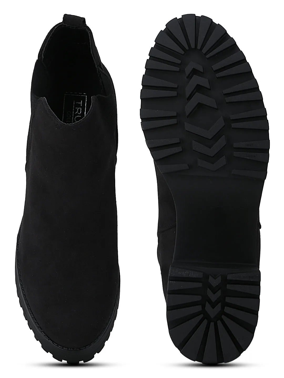 Black Micro Cleated Platform Low Block Heel Ankle Length Boots