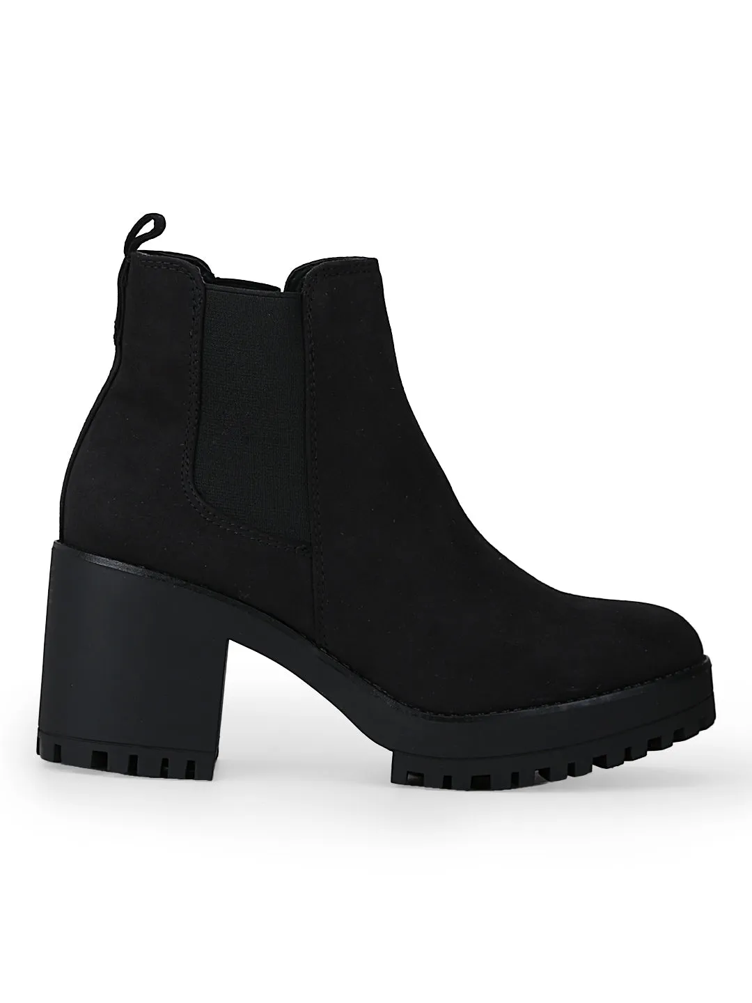 Black Micro Cleated Platform Low Block Heel Ankle Length Boots