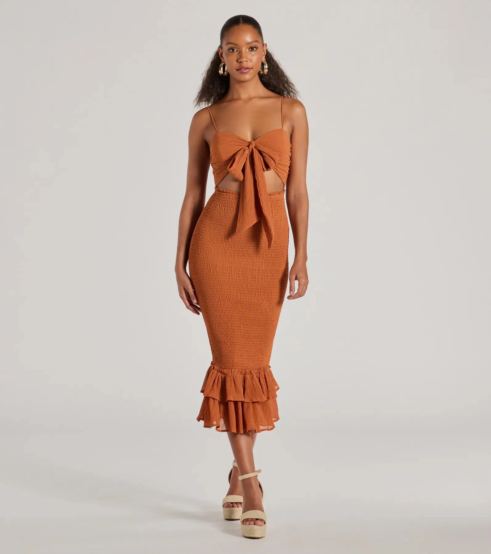 Bold Babe Cutout Ruffle Hem Chiffon Midi Dress