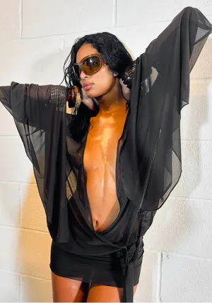 Bold Sheer Mesh Deep V Mini Dress with Waist Tie