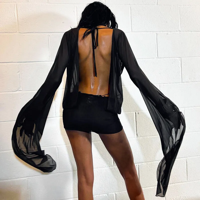 Bold Sheer Mesh Deep V Mini Dress with Waist Tie