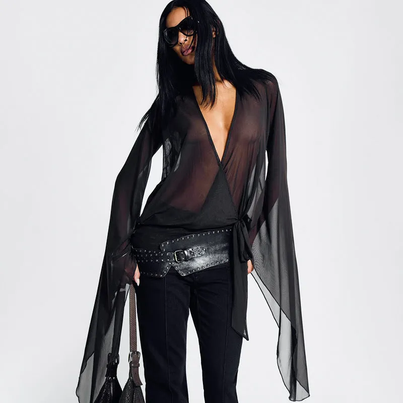 Bold Sheer Mesh Deep V Mini Dress with Waist Tie