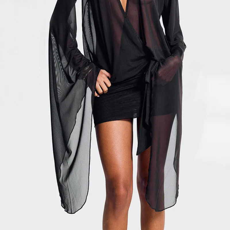 Bold Sheer Mesh Deep V Mini Dress with Waist Tie