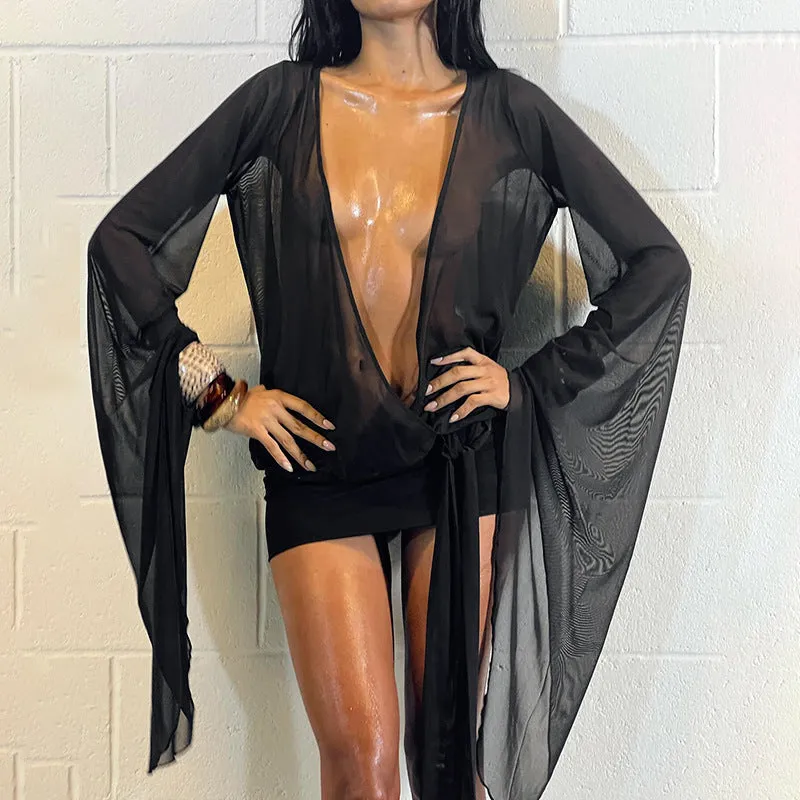 Bold Sheer Mesh Deep V Mini Dress with Waist Tie