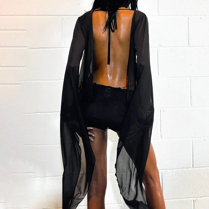 Bold Sheer Mesh Deep V Mini Dress with Waist Tie