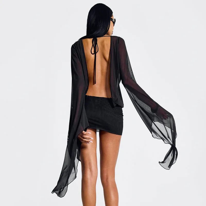 Bold Sheer Mesh Deep V Mini Dress with Waist Tie