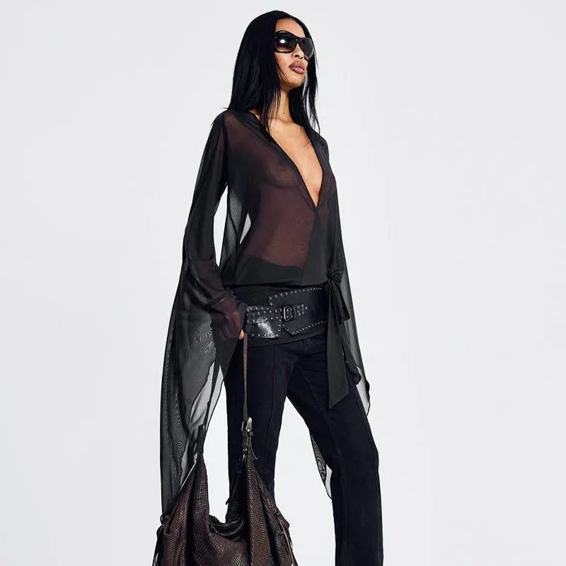 Bold Sheer Mesh Deep V Mini Dress with Waist Tie
