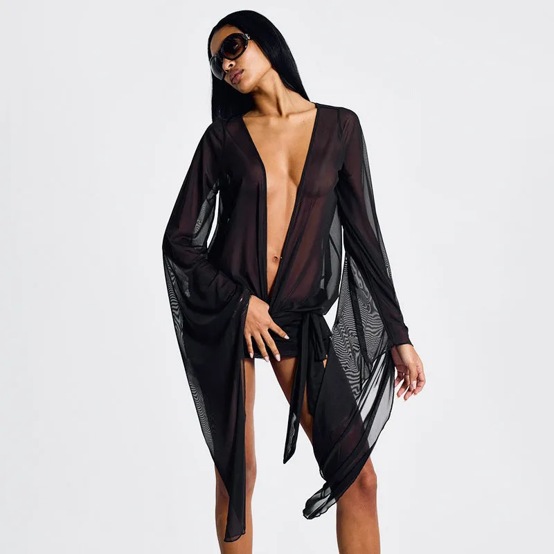Bold Sheer Mesh Deep V Mini Dress with Waist Tie