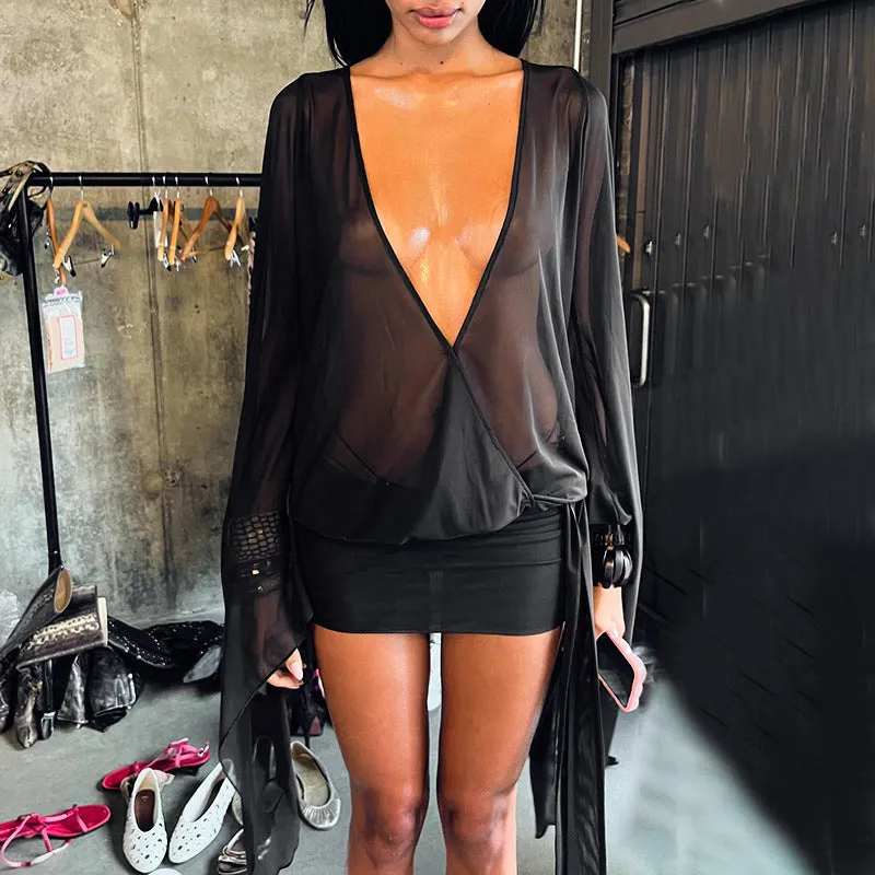 Bold Sheer Mesh Deep V Mini Dress with Waist Tie