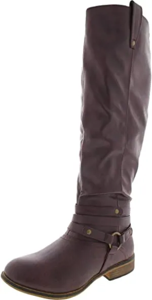 Brinley Co Comfort Womens Strap Riding Boot Wine, 8.5 Extra Wide Calf US