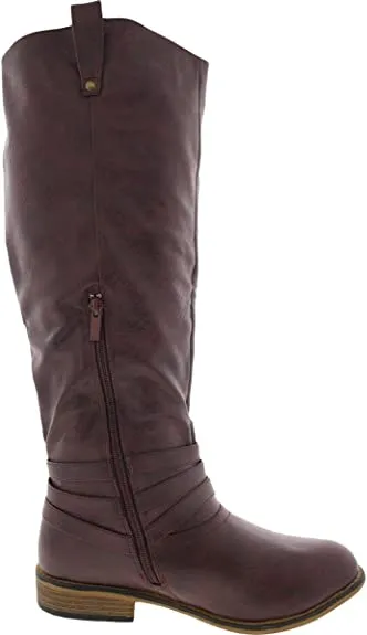 Brinley Co Comfort Womens Strap Riding Boot Wine, 8.5 Extra Wide Calf US