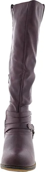 Brinley Co Comfort Womens Strap Riding Boot Wine, 8.5 Extra Wide Calf US