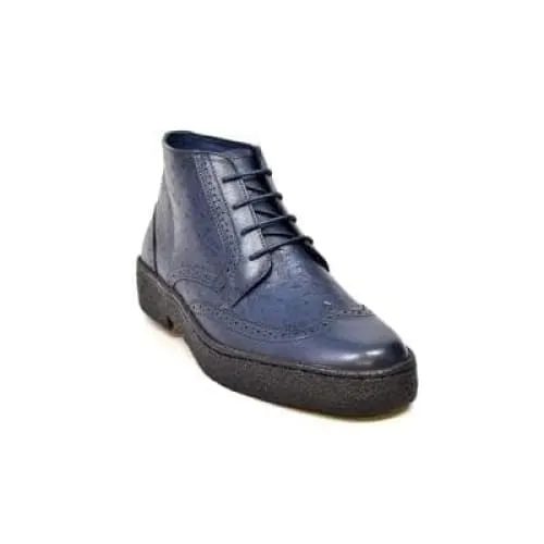 British Walkers Playboy Wingtips Men's Navy Blue Ostrich Leather High Top Boots Ankle Boots