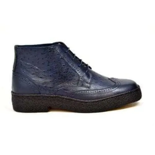 British Walkers Playboy Wingtips Men's Navy Blue Ostrich Leather High Top Boots Ankle Boots