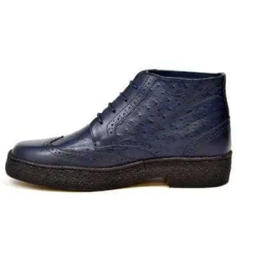 British Walkers Playboy Wingtips Men's Navy Blue Ostrich Leather High Top Boots Ankle Boots