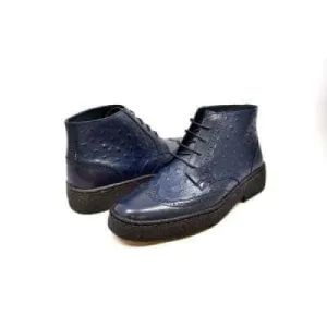 British Walkers Playboy Wingtips Men's Navy Blue Ostrich Leather High Top Boots Ankle Boots