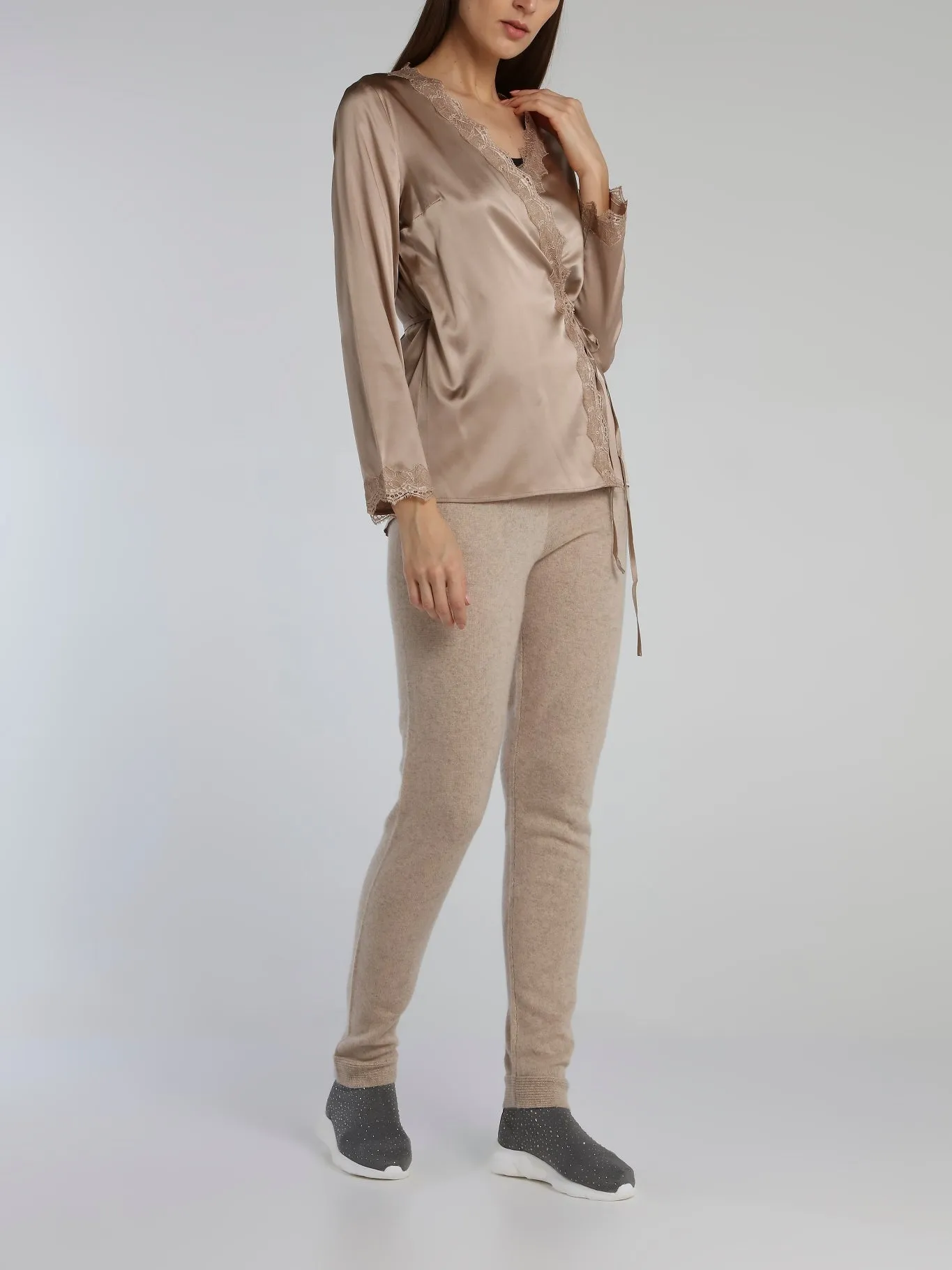 Brown Lace Trim Wrap Top