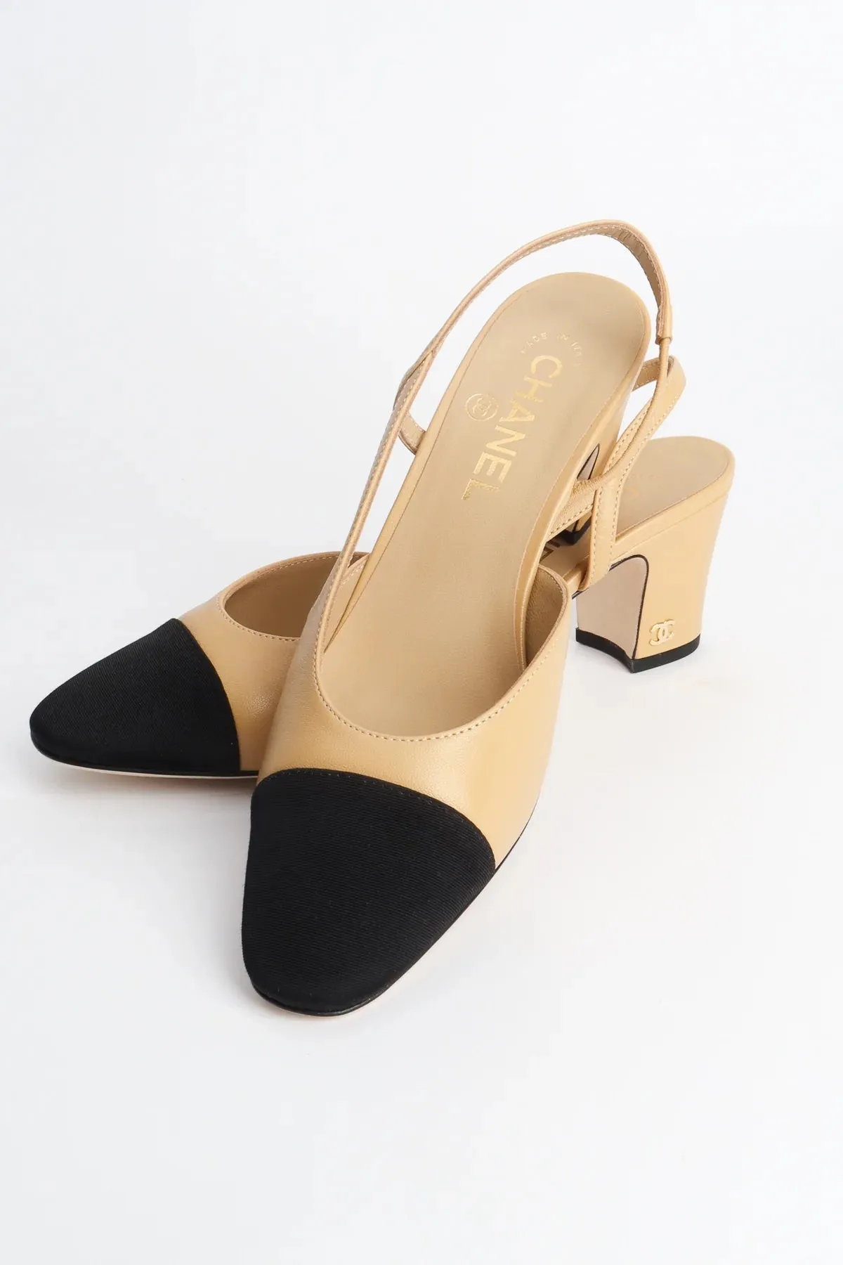 CHANEL GOATSKIN & GROSGRAIN SLINGBACK HEELS