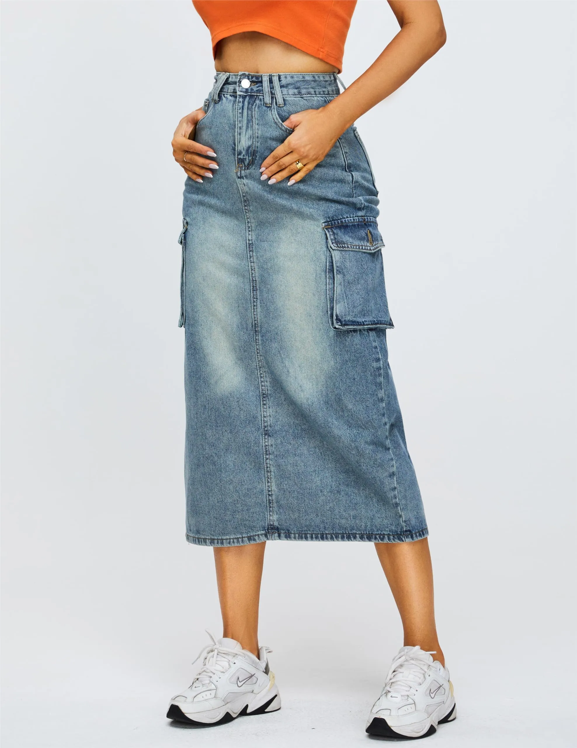 Denim Maxi Split Skirt - Utility Style with Back Slit, Workwear Midi Skirt