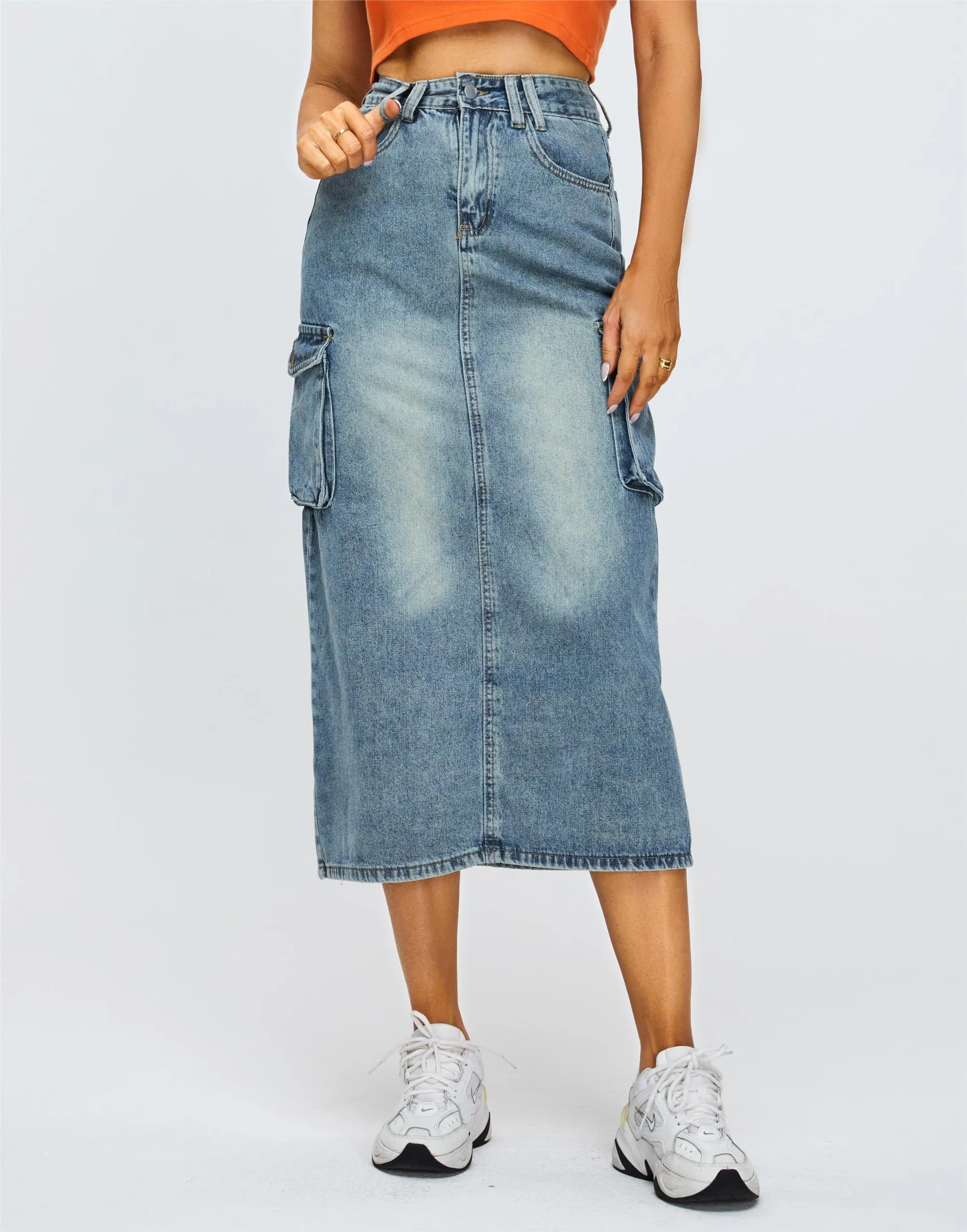 Denim Maxi Split Skirt - Utility Style with Back Slit, Workwear Midi Skirt
