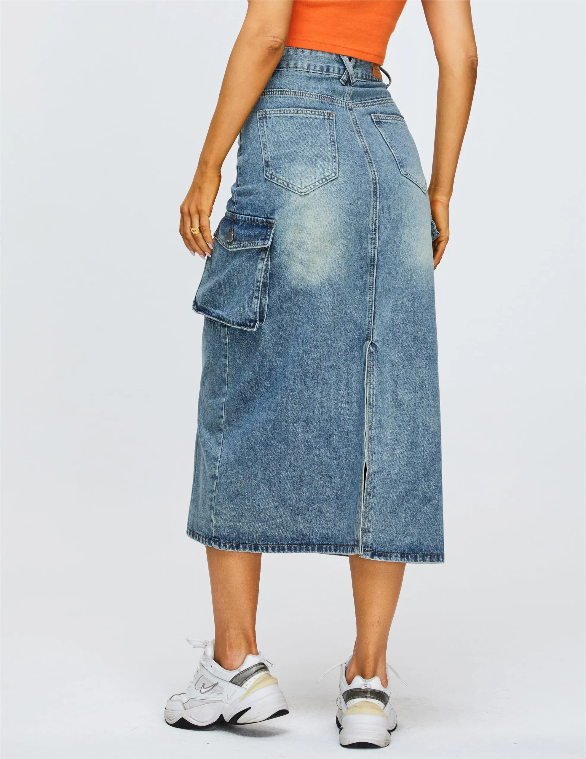 Denim Maxi Split Skirt - Utility Style with Back Slit, Workwear Midi Skirt