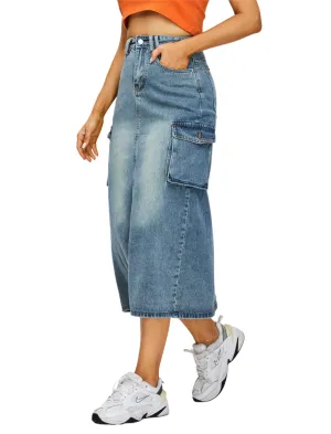 Denim Maxi Split Skirt - Utility Style with Back Slit, Workwear Midi Skirt