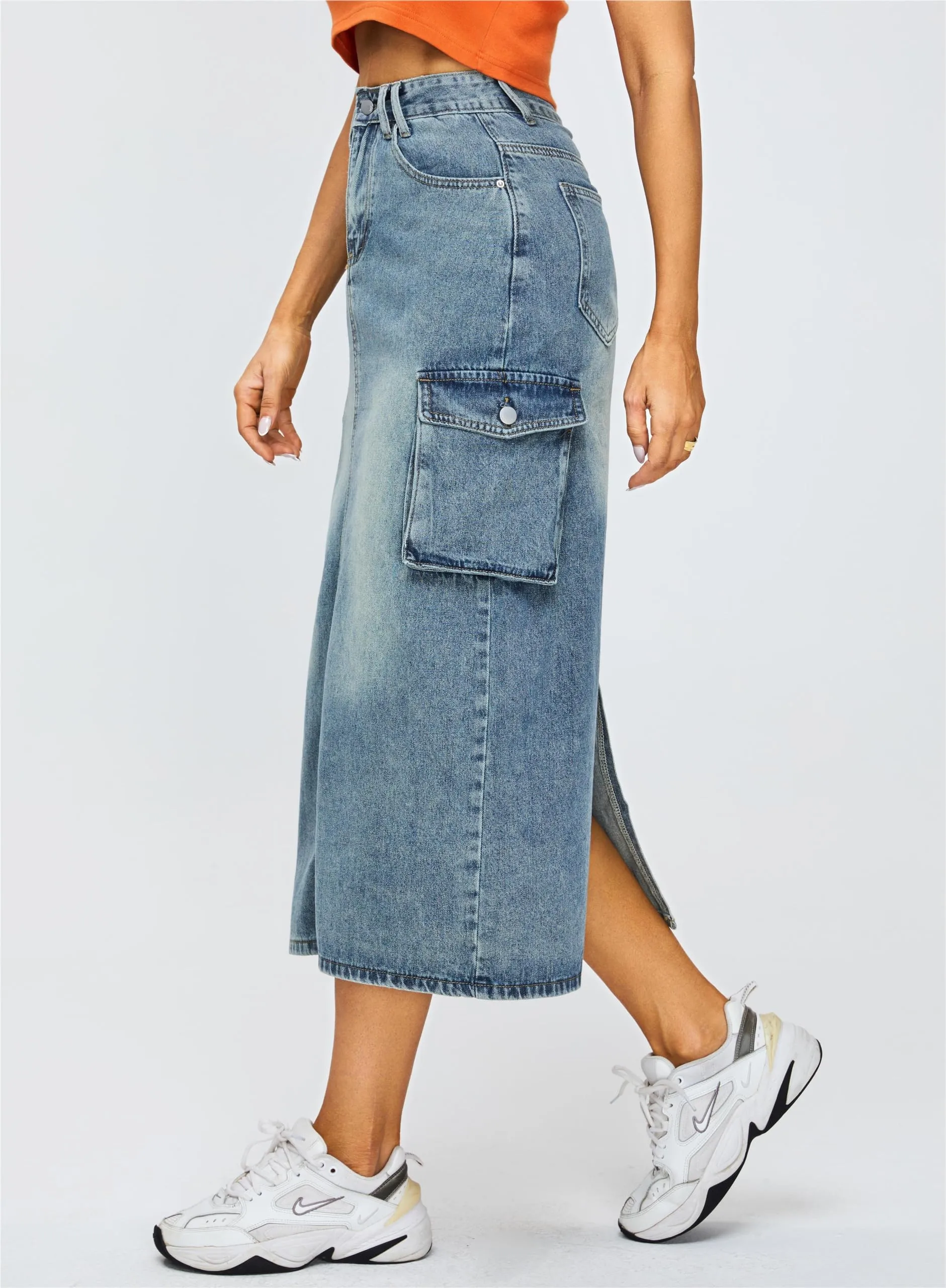 Denim Maxi Split Skirt - Utility Style with Back Slit, Workwear Midi Skirt