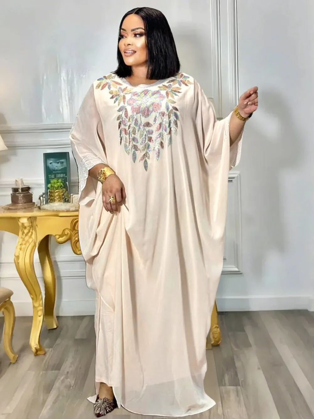 Elegant Embroidered Chiffon Kaftan Plus Size Two-Piece Dress Set