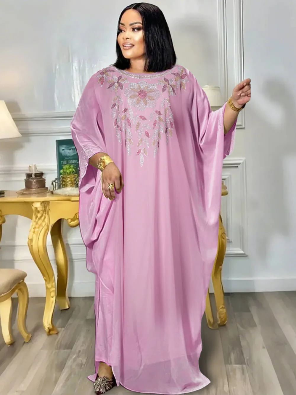 Elegant Embroidered Chiffon Kaftan Plus Size Two-Piece Dress Set