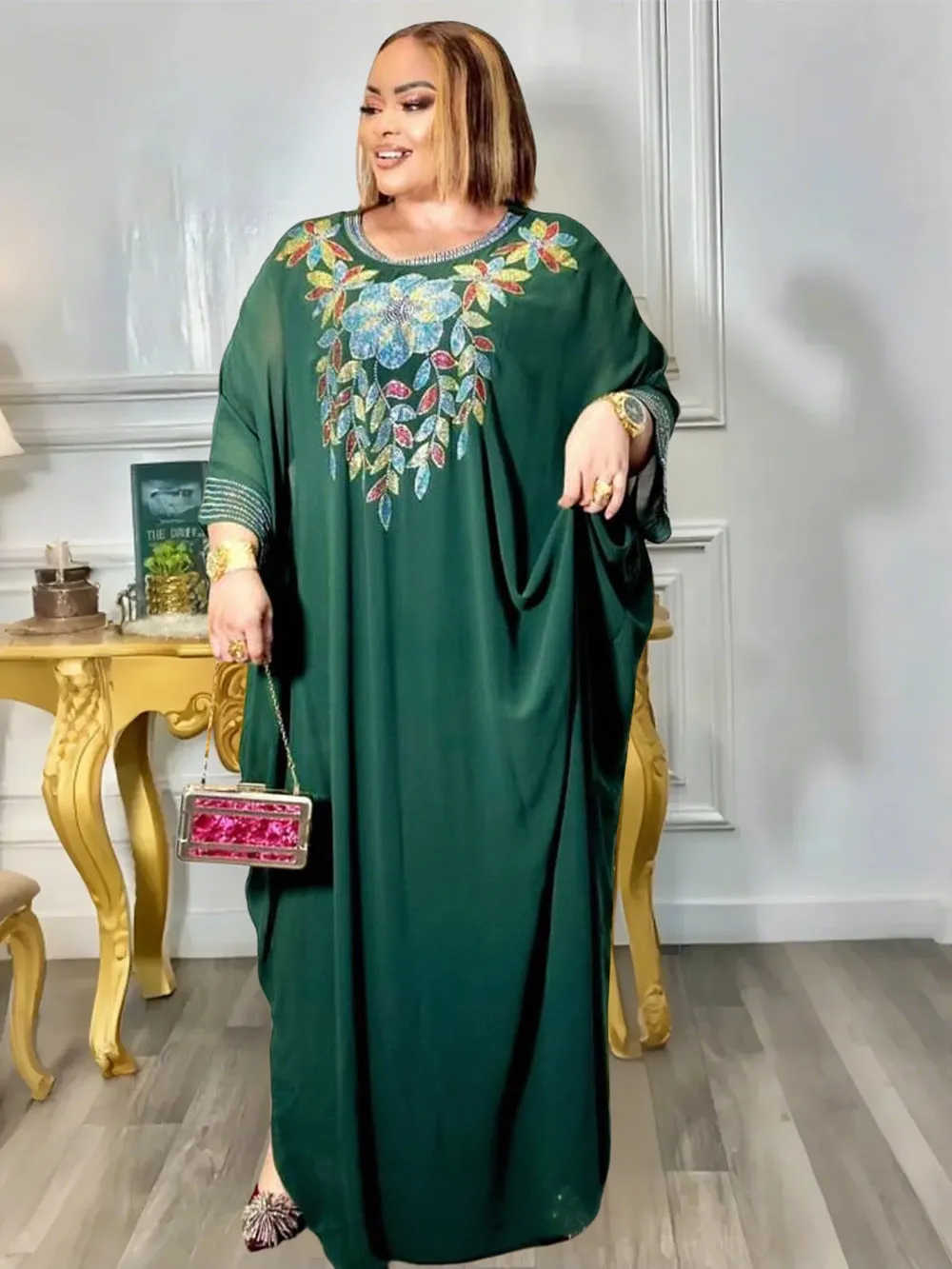 Elegant Embroidered Chiffon Kaftan Plus Size Two-Piece Dress Set