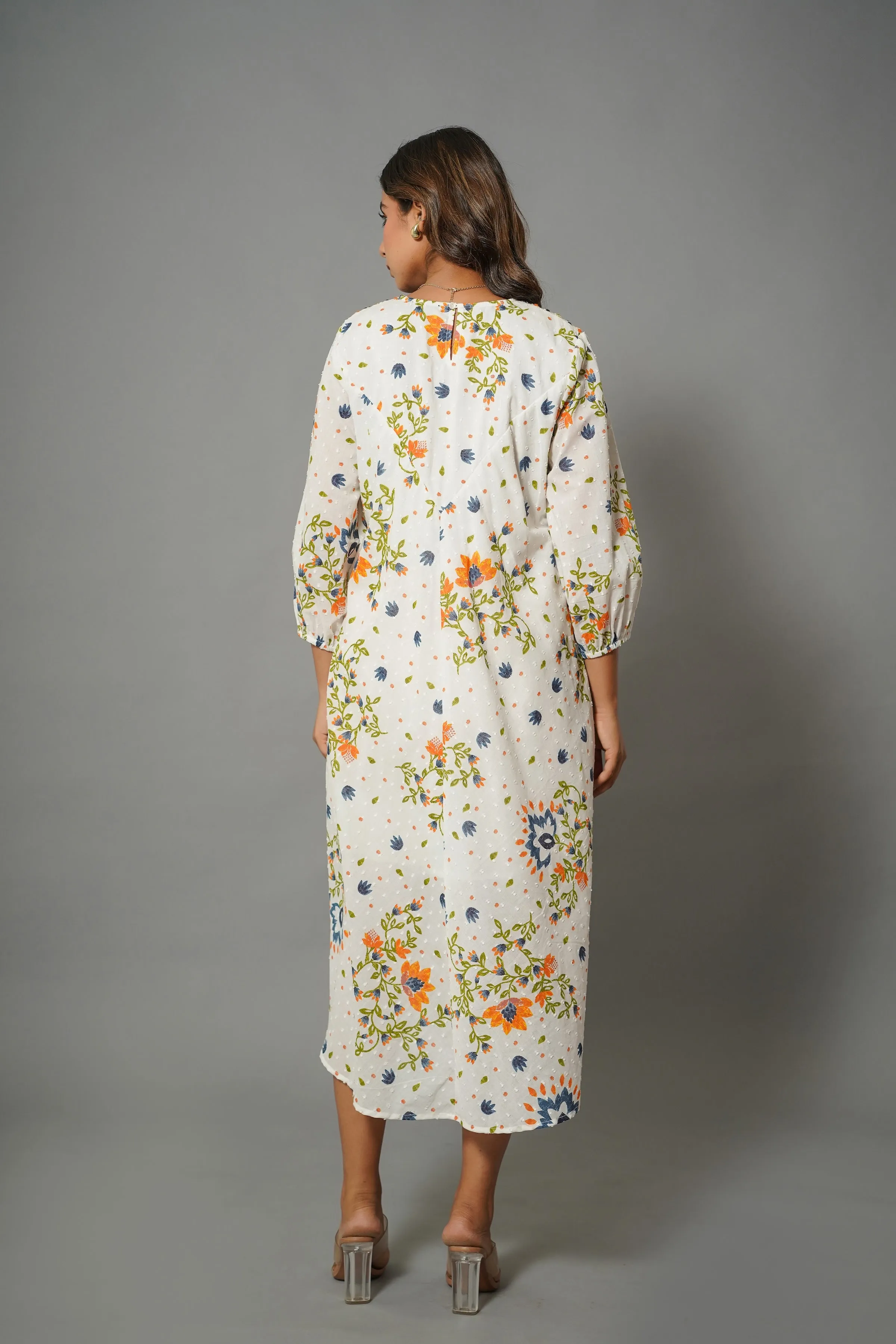 Elegant Floral Cotton Midi Dress with Embroidered V-Neck