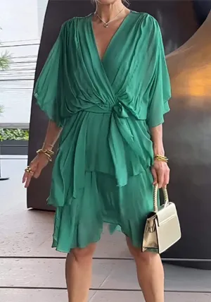 Elegant Flowing Chiffon Wrap Dress with Cascading Ruffles and Bat Sleeves