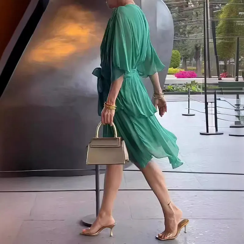 Elegant Flowing Chiffon Wrap Dress with Cascading Ruffles and Bat Sleeves