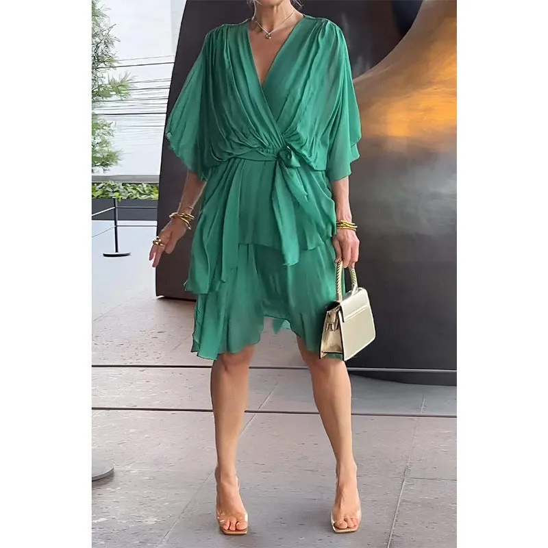 Elegant Flowing Chiffon Wrap Dress with Cascading Ruffles and Bat Sleeves