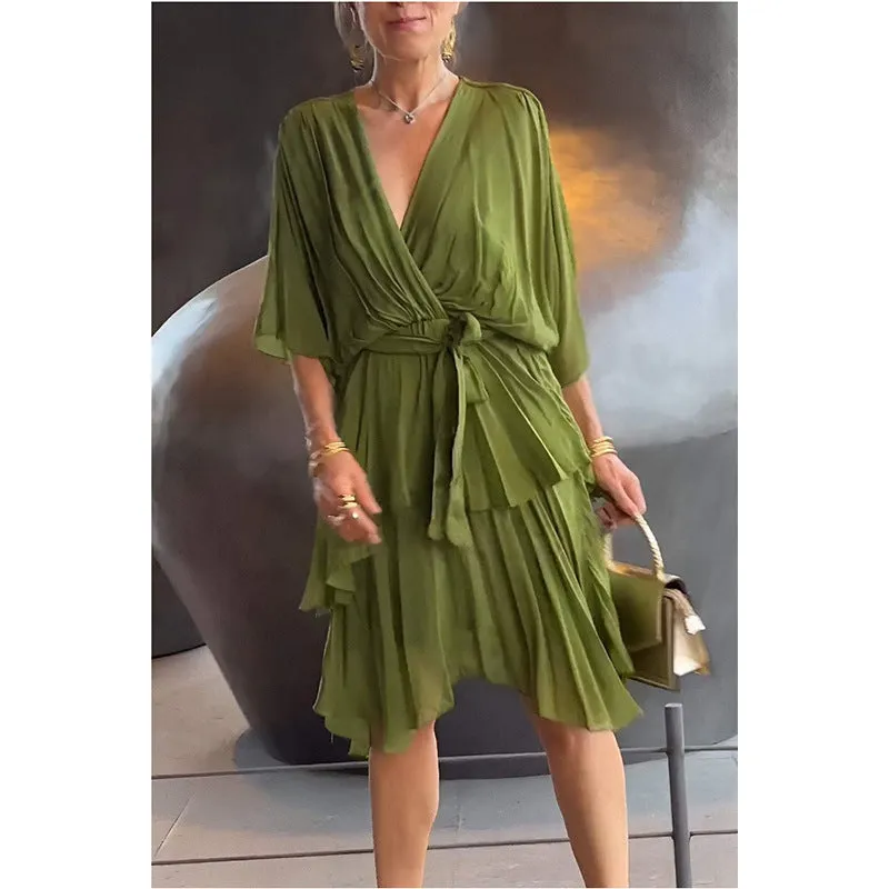 Elegant Flowing Chiffon Wrap Dress with Cascading Ruffles and Bat Sleeves