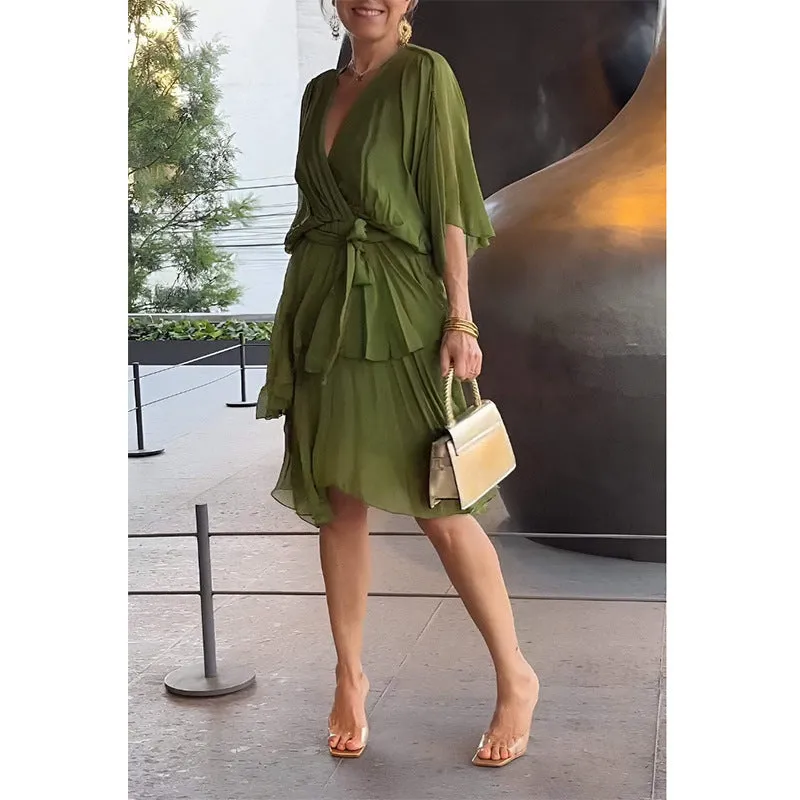 Elegant Flowing Chiffon Wrap Dress with Cascading Ruffles and Bat Sleeves