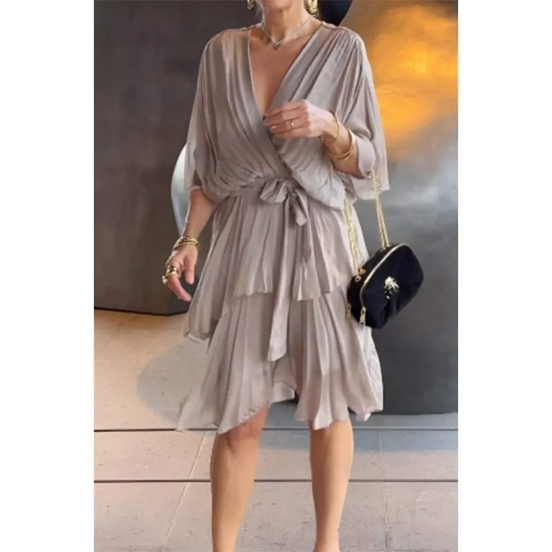 Elegant Flowing Chiffon Wrap Dress with Cascading Ruffles and Bat Sleeves