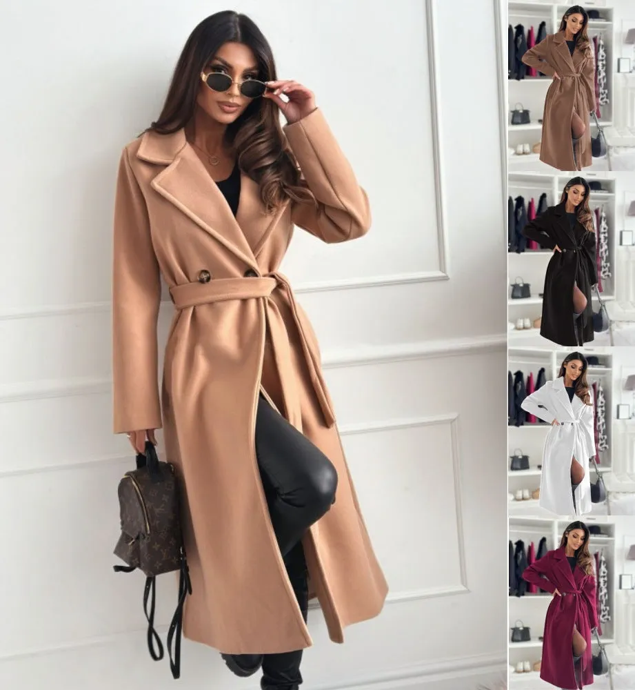Elegant Long Belted Coat with Turndown Collar and Tailored Fit