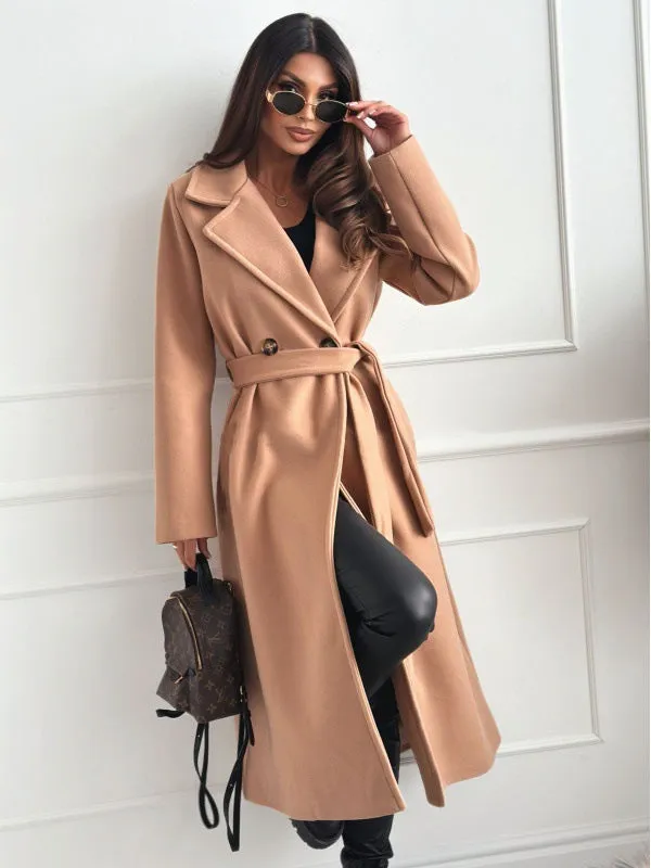 Elegant Long Belted Coat with Turndown Collar and Tailored Fit