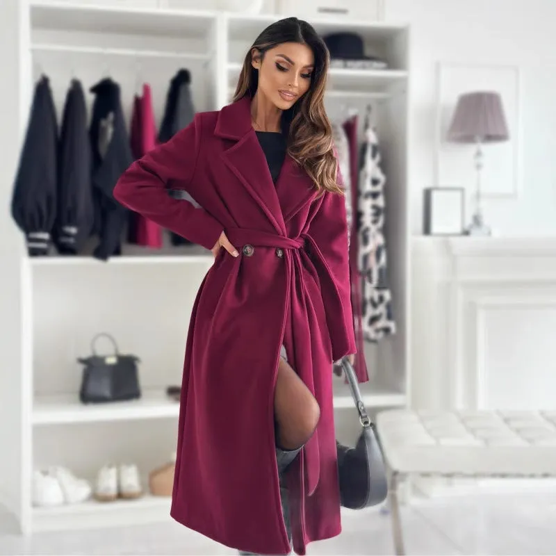 Elegant Long Belted Coat with Turndown Collar and Tailored Fit