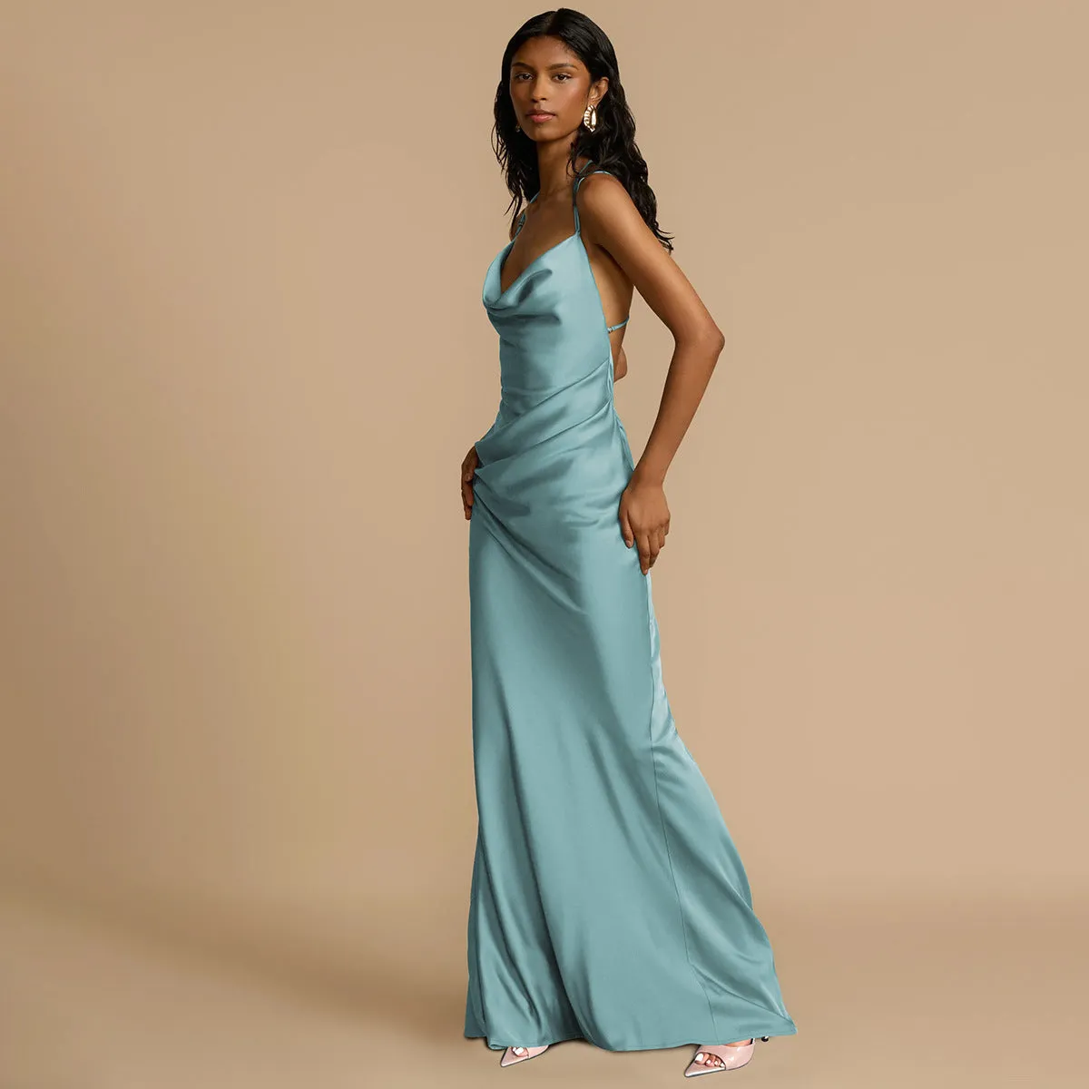 Elegant Satin Cowl Neck Strappy Slim Fit Maxi Dress for Timeless Evening Glamour