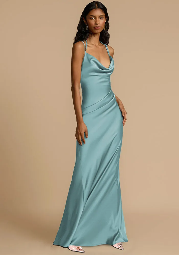 Elegant Satin Cowl Neck Strappy Slim Fit Maxi Dress for Timeless Evening Glamour