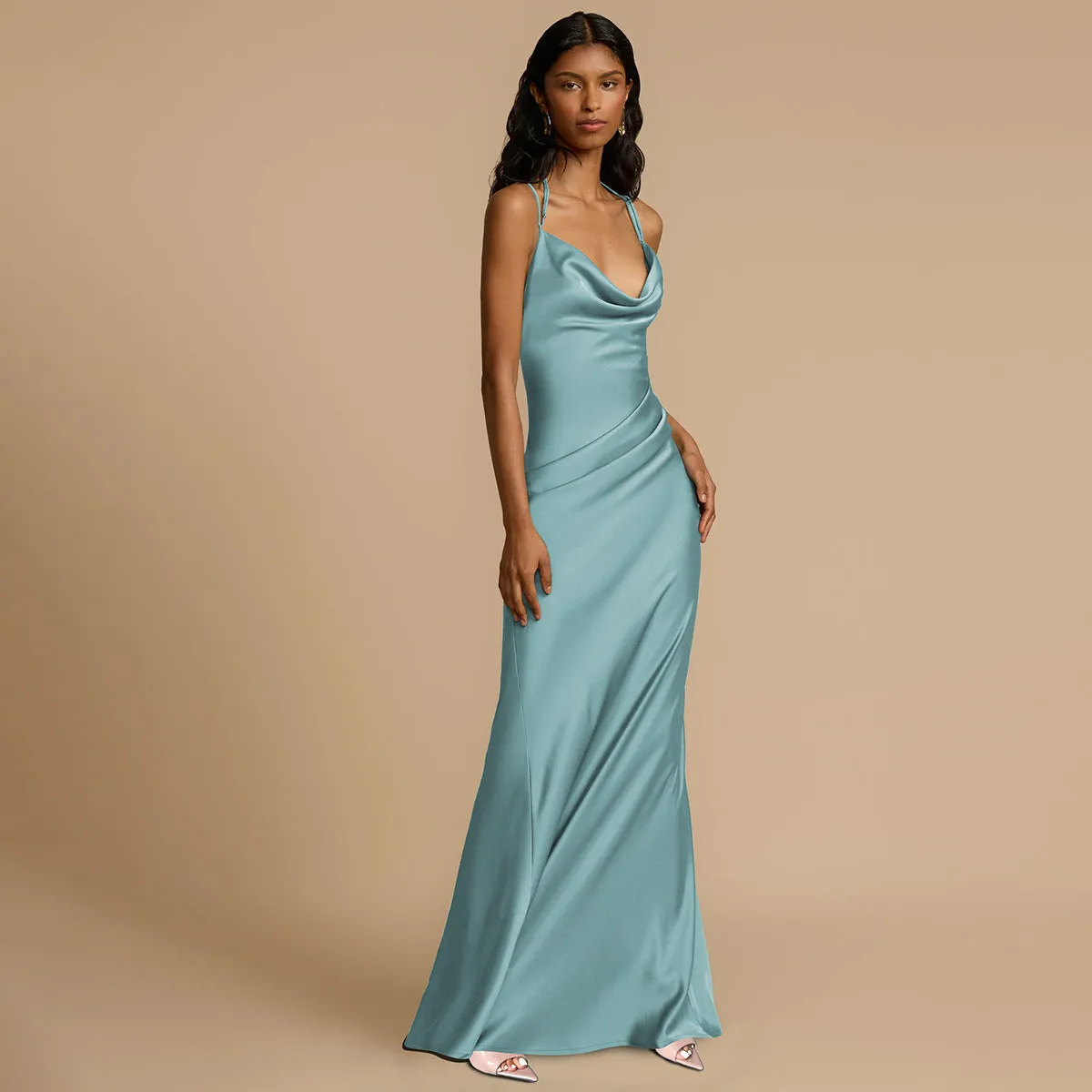 Elegant Satin Cowl Neck Strappy Slim Fit Maxi Dress for Timeless Evening Glamour