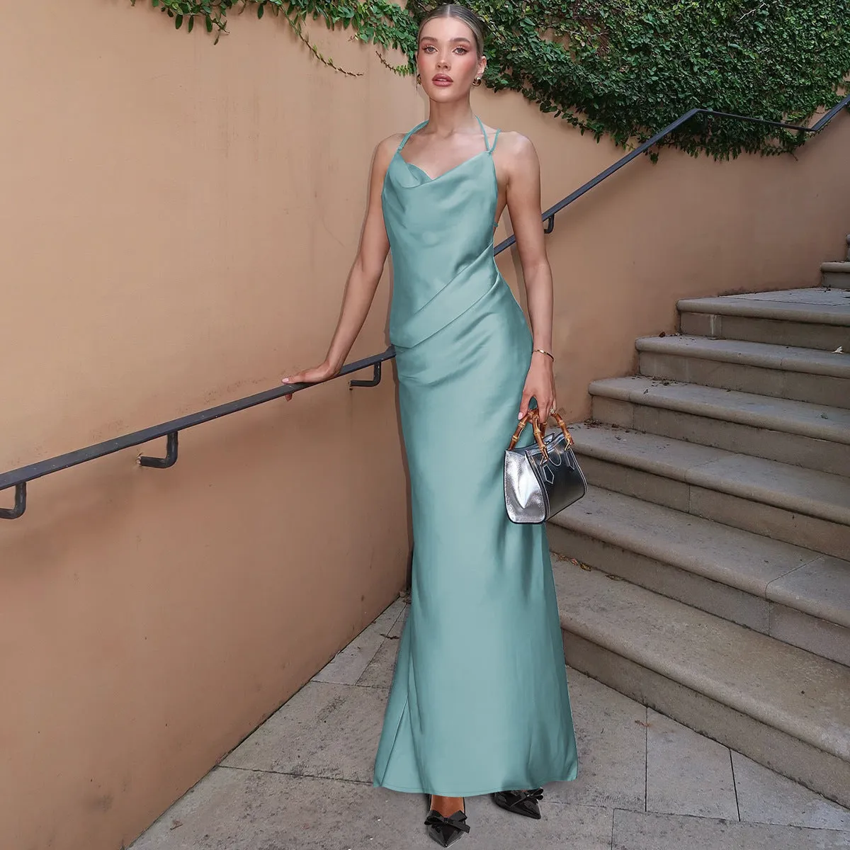 Elegant Satin Cowl Neck Strappy Slim Fit Maxi Dress for Timeless Evening Glamour